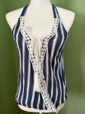 Hayden Navy and White Striped Lace-Trim Racerback Top